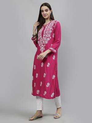 hand embroidered magenta rayon lucknowi chikan kurta with slip 4