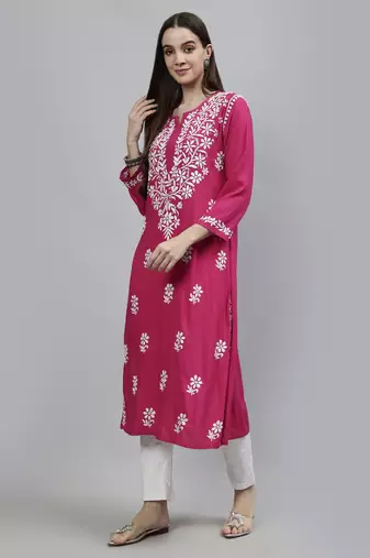 hand embroidered magenta rayon lucknowi chikan kurta with slip