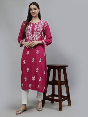 hand embroidered magenta rayon lucknowi chikan kurta with slip 5