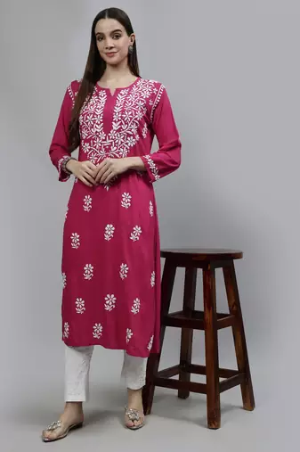 hand embroidered magenta rayon lucknowi chikan kurta with slip