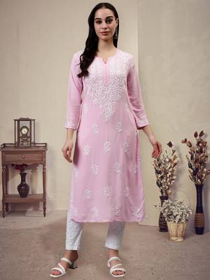 hand embroidered pink rayon lucknowi chikan kurta with slip 1