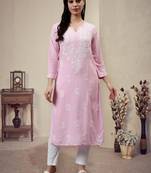 hand embroidered pink rayon lucknowi chikan kurta with slip
