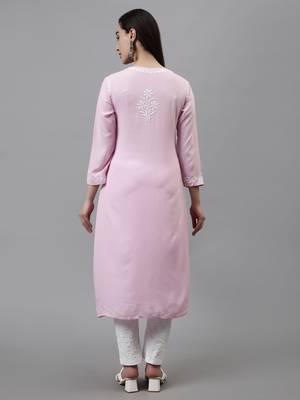 hand embroidered pink rayon lucknowi chikan kurta with slip 2