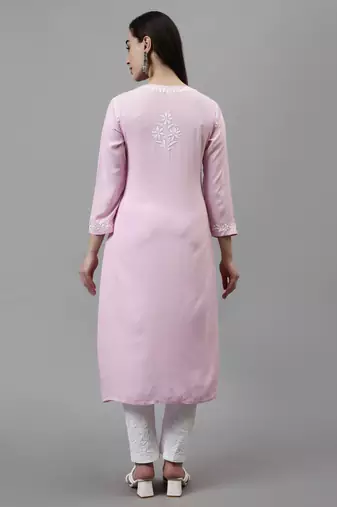 hand embroidered pink rayon lucknowi chikan kurta with slip