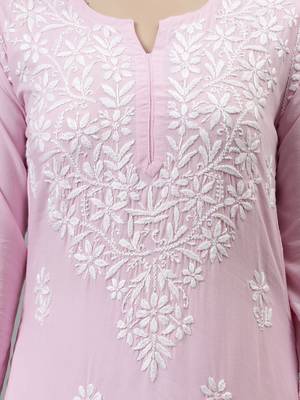 hand embroidered pink rayon lucknowi chikan kurta with slip 3
