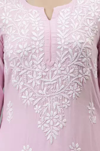 hand embroidered pink rayon lucknowi chikan kurta with slip