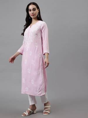 hand embroidered pink rayon lucknowi chikan kurta with slip 4