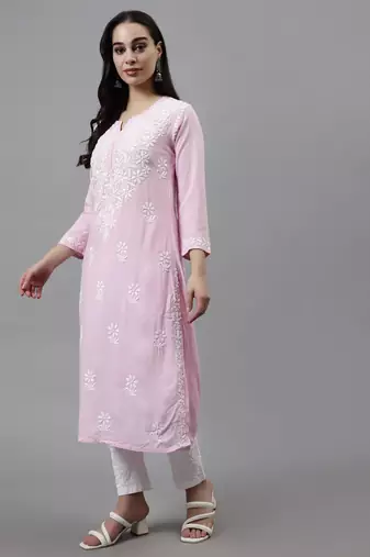 hand embroidered pink rayon lucknowi chikan kurta with slip