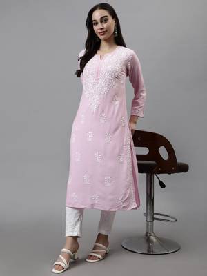 hand embroidered pink rayon lucknowi chikan kurta with slip 5