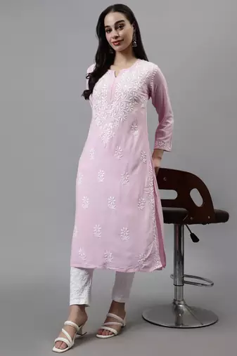 hand embroidered pink rayon lucknowi chikan kurta with slip
