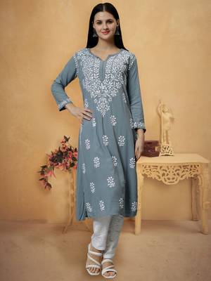 hand embroidered grey rayon lucknowi chikan kurta with slip 1