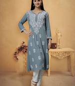 hand embroidered grey rayon lucknowi chikan kurta with slip