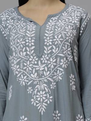 hand embroidered grey rayon lucknowi chikan kurta with slip 2