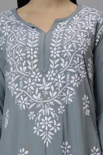 hand embroidered grey rayon lucknowi chikan kurta with slip