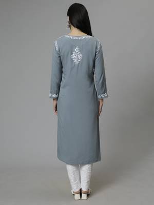hand embroidered grey rayon lucknowi chikan kurta with slip 3