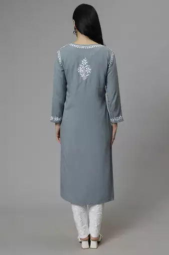 hand embroidered grey rayon lucknowi chikan kurta with slip