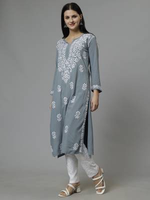hand embroidered grey rayon lucknowi chikan kurta with slip 4