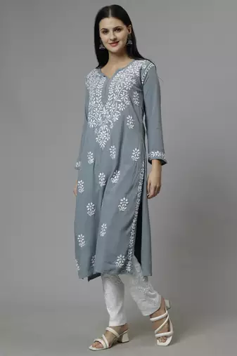 hand embroidered grey rayon lucknowi chikan kurta with slip