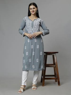 hand embroidered grey rayon lucknowi chikan kurta with slip 5