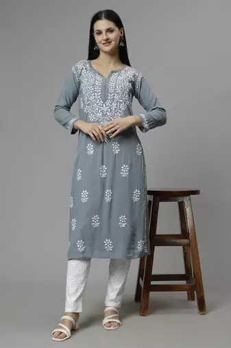 hand embroidered grey rayon lucknowi chikan kurta with slip