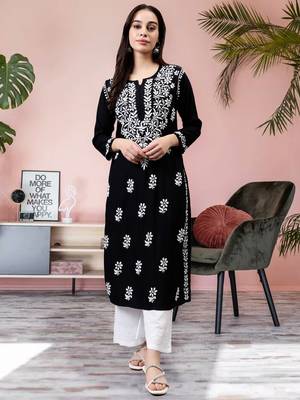 Seva chikan hand embroidered black rayon lucknowi chikan kurta with slip 1