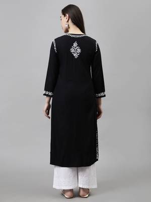 Seva chikan hand embroidered black rayon lucknowi chikan kurta with slip 2