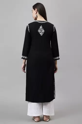 Seva chikan hand embroidered black rayon lucknowi chikan kurta with slip