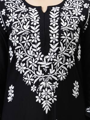 Seva chikan hand embroidered black rayon lucknowi chikan kurta with slip 3