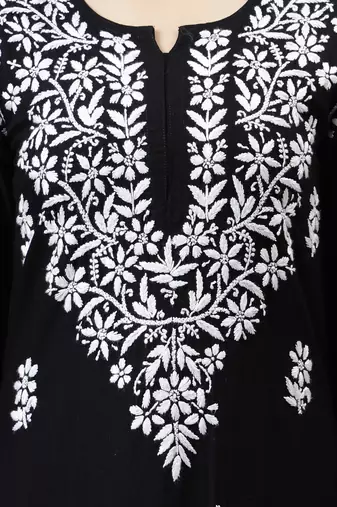 Seva chikan hand embroidered black rayon lucknowi chikan kurta with slip