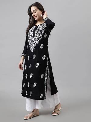 Seva chikan hand embroidered black rayon lucknowi chikan kurta with slip 4