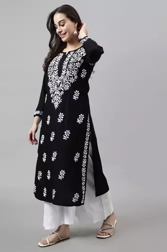 Seva chikan hand embroidered black rayon lucknowi chikan kurta with slip