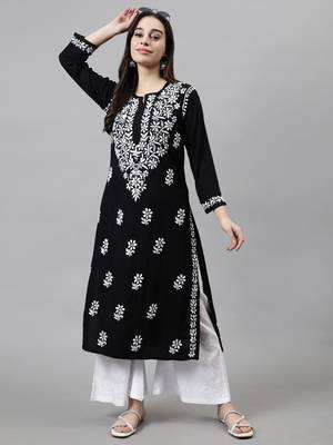 Seva chikan hand embroidered black rayon lucknowi chikan kurta with slip 5