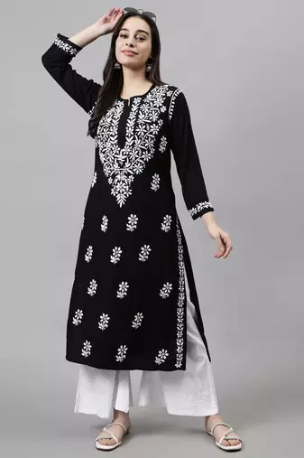 Seva chikan hand embroidered black rayon lucknowi chikan kurta with slip