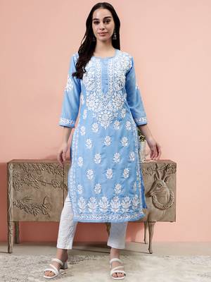 hand embroidered blue muslin lucknowi chikan kurta with slip 1