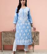hand embroidered blue muslin lucknowi chikan kurta with slip