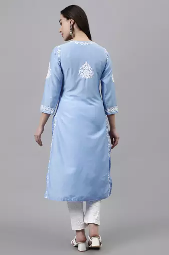 hand embroidered blue muslin lucknowi chikan kurta with slip