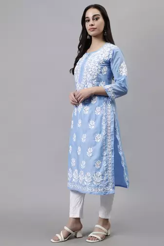 hand embroidered blue muslin lucknowi chikan kurta with slip