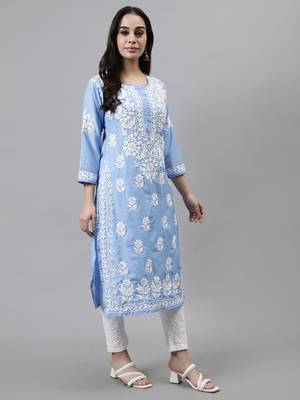 hand embroidered blue muslin lucknowi chikan kurta with slip 4