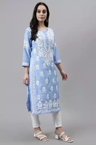 hand embroidered blue muslin lucknowi chikan kurta with slip