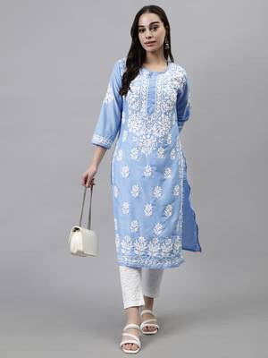 hand embroidered blue muslin lucknowi chikan kurta with slip 5