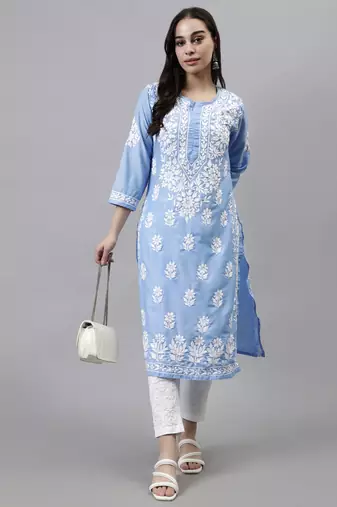 hand embroidered blue muslin lucknowi chikan kurta with slip