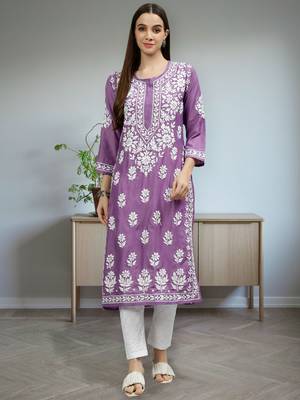 hand embroidered mauve muslin lucknowi chikan kurta with slip 1
