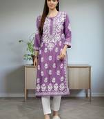hand embroidered mauve muslin lucknowi chikan kurta with slip