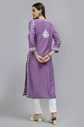 hand embroidered mauve muslin lucknowi chikan kurta with slip