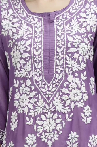 hand embroidered mauve muslin lucknowi chikan kurta with slip