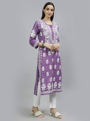 hand embroidered mauve muslin lucknowi chikan kurta with slip 4