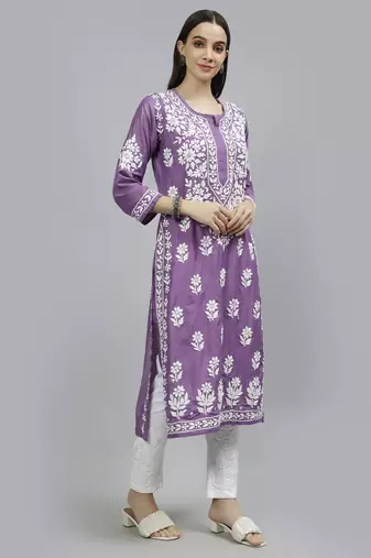 hand embroidered mauve muslin lucknowi chikan kurta with slip