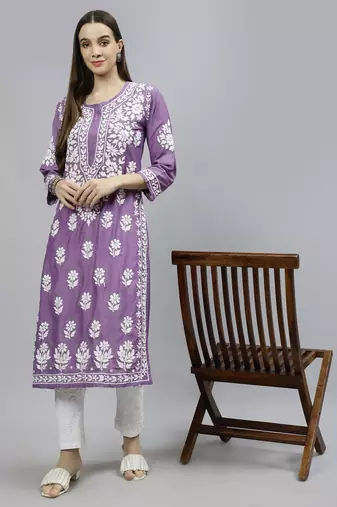 hand embroidered mauve muslin lucknowi chikan kurta with slip