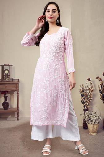 hand embroidered pink modal lucknowi chikan kurta