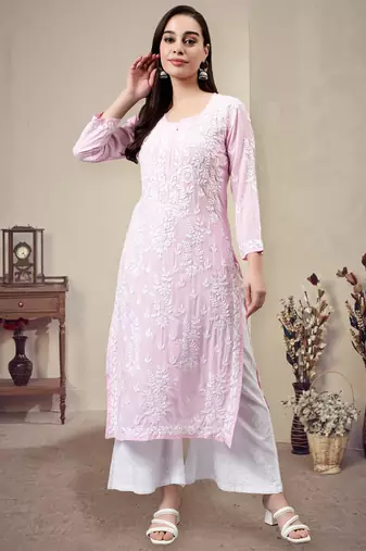 hand embroidered pink modal lucknowi chikan kurta